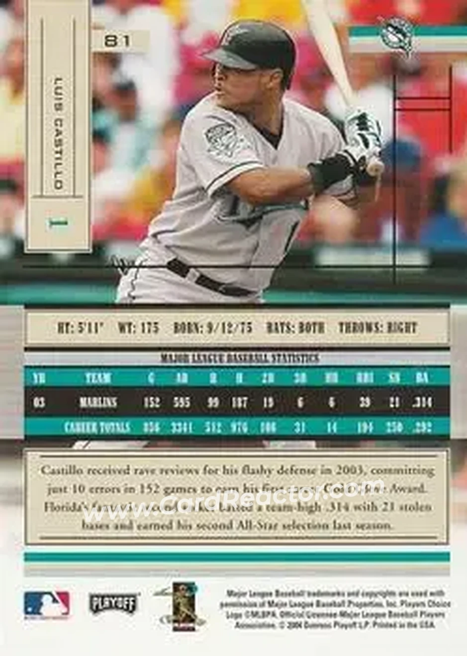 2004 Playoff Absolute Memorabilia - Retail #81 - Luis Castillo - Florida Marlins - Back