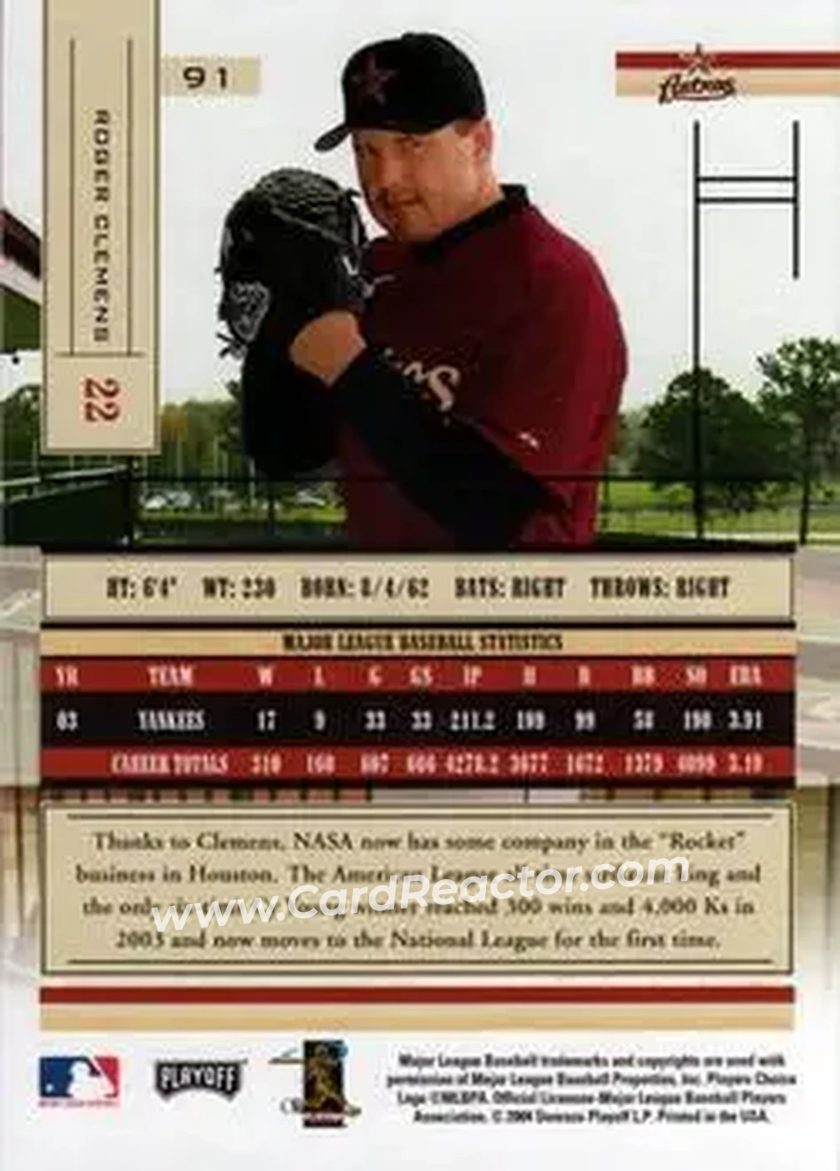 2004 Playoff Absolute Memorabilia - Retail #91 - Roger Clemens - Houston Astros - Back