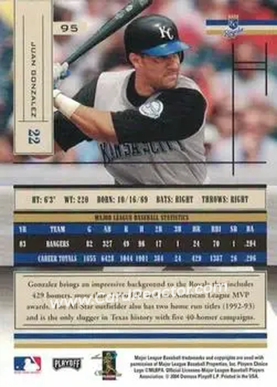2004 Playoff Absolute Memorabilia - Retail #95 - Juan Gonzalez - Kansas City Royals - Back