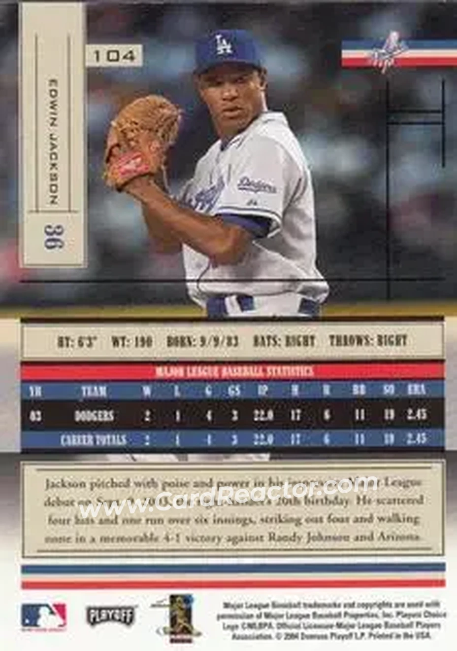 2004 Playoff Absolute Memorabilia - Retail #104 - Edwin Jackson - Los Angeles Dodgers - Back 2004 Playoff Absolute Memorabilia - Retail #104 - Edwin Jackson - Los Angeles Dodgers - Back