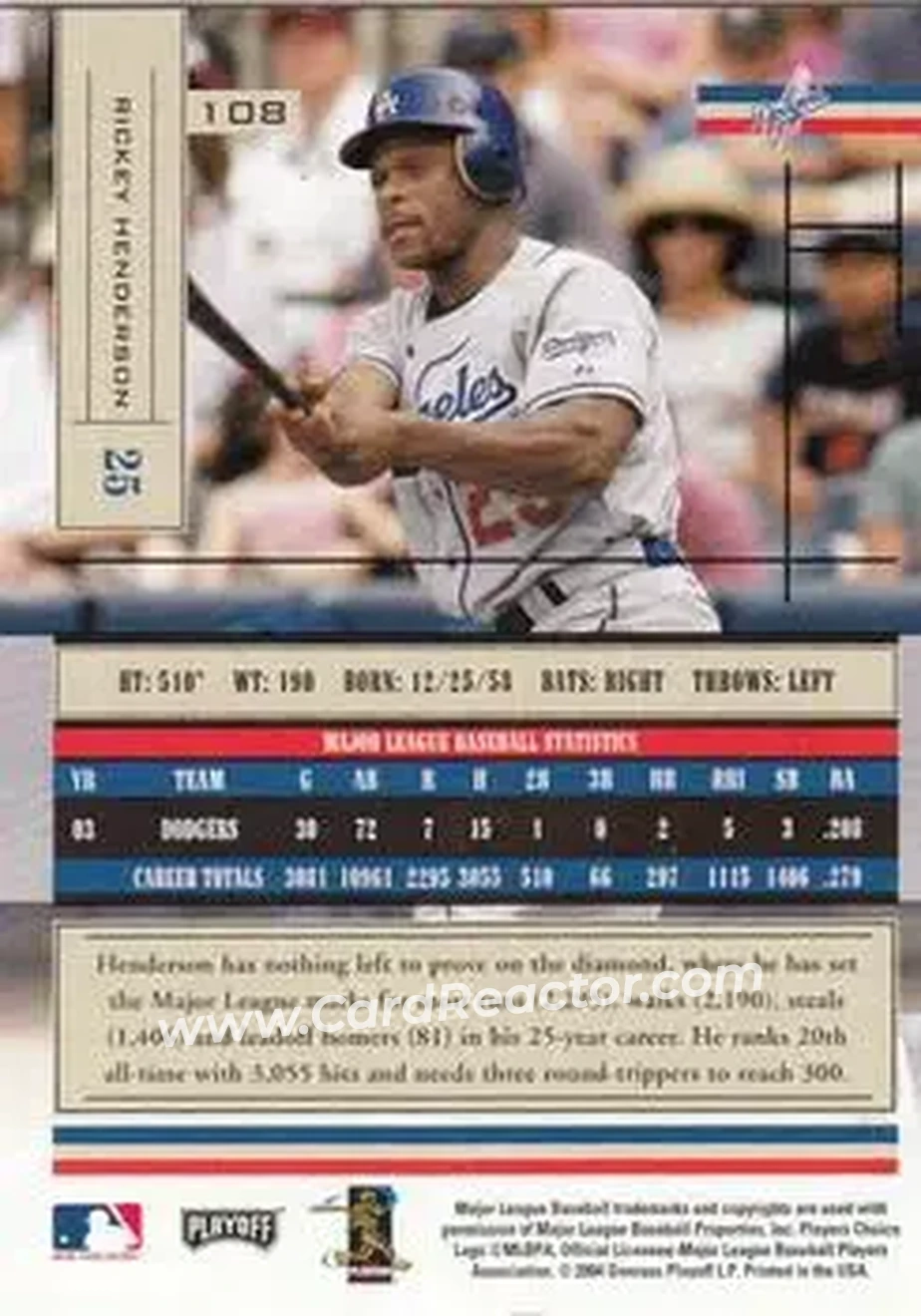 2004 Playoff Absolute Memorabilia - Retail #108 - Rickey Henderson - Los Angeles Dodgers - Back