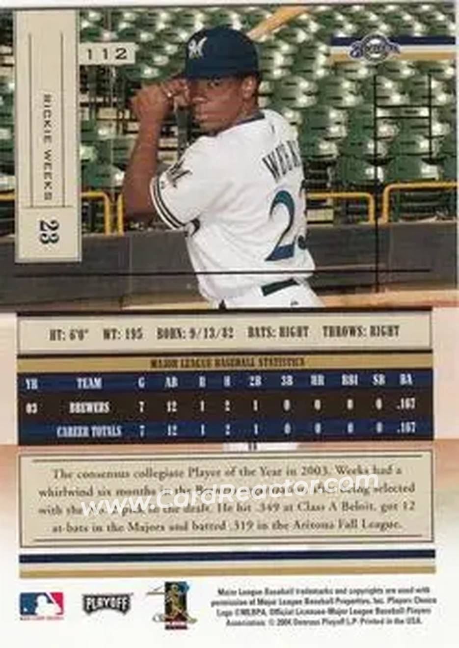 2004 Playoff Absolute Memorabilia - Retail #112 - Rickie Weeks - Milwaukee Brewers - Back