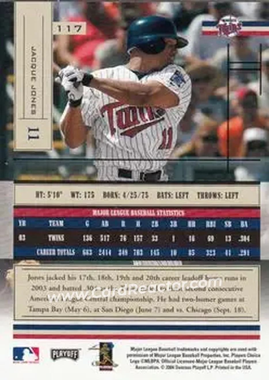 2004 Playoff Absolute Memorabilia - Retail #117 - Jacque Jones - Minnesota Twins - Back