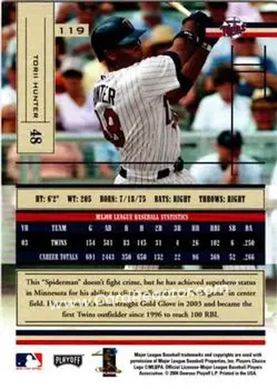 2004 Playoff Absolute Memorabilia - Retail #119 - Torii Hunter - Minnesota Twins - Back