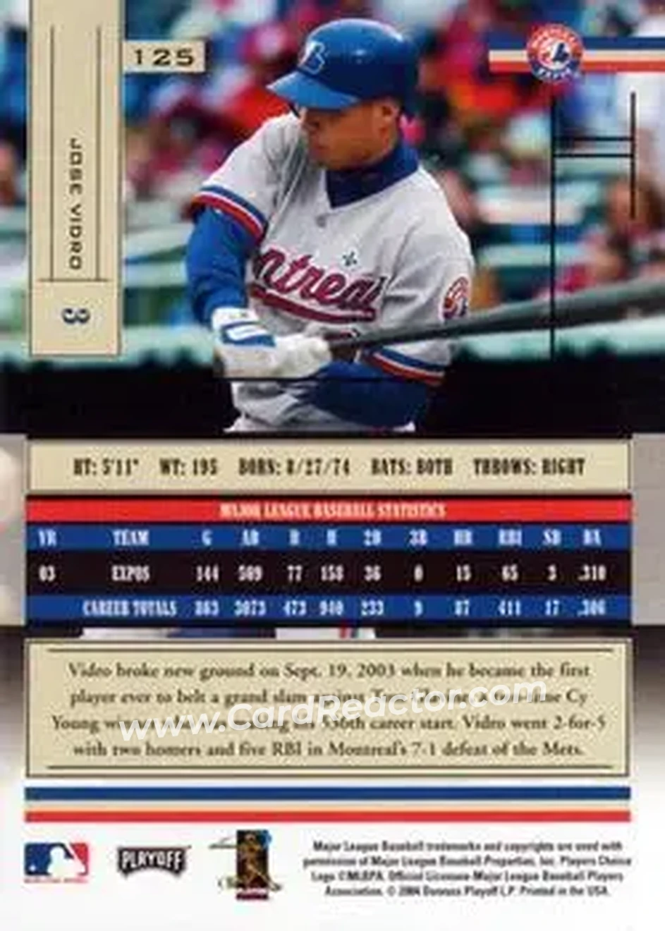 2004 Playoff Absolute Memorabilia - Retail #125 - Jose Vidro - Montreal Expos - Back