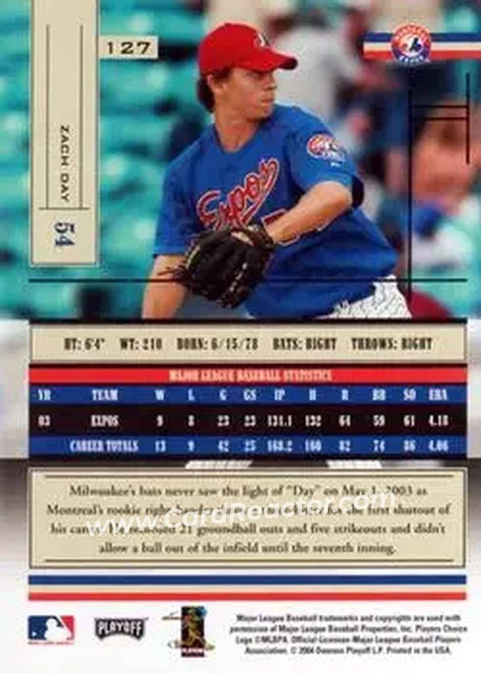 2004 Playoff Absolute Memorabilia - Retail #127 - Zach Day - Montreal Expos - Back