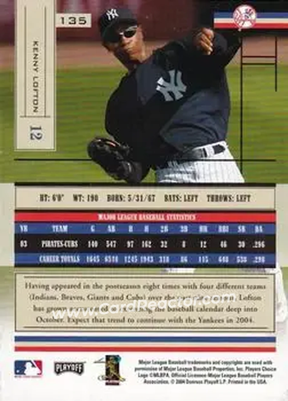 2004 Playoff Absolute Memorabilia - Retail #135 - Kenny Lofton - New York Yankees - Back