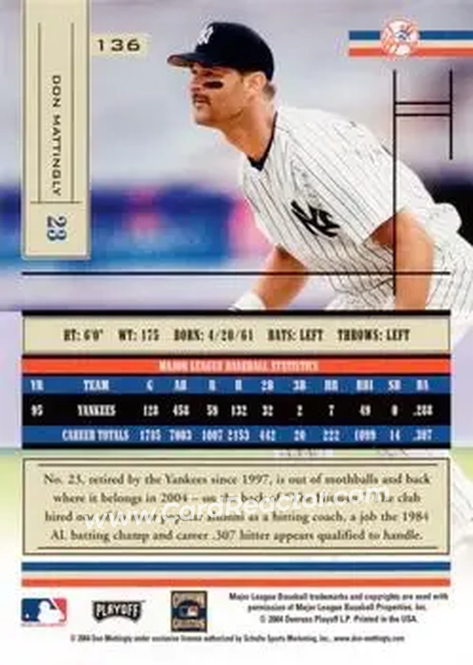 2004 Playoff Absolute Memorabilia - Retail #136 - Don Mattingly - New York Yankees - Back