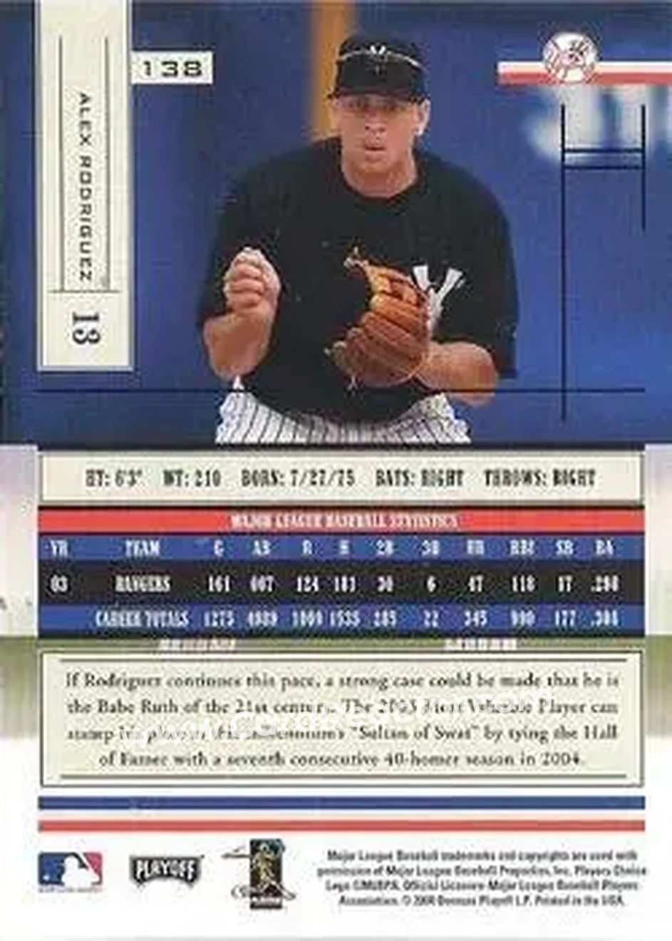 2004 Playoff Absolute Memorabilia - Retail #138 - Alex Rodriguez - New York Yankees - Back