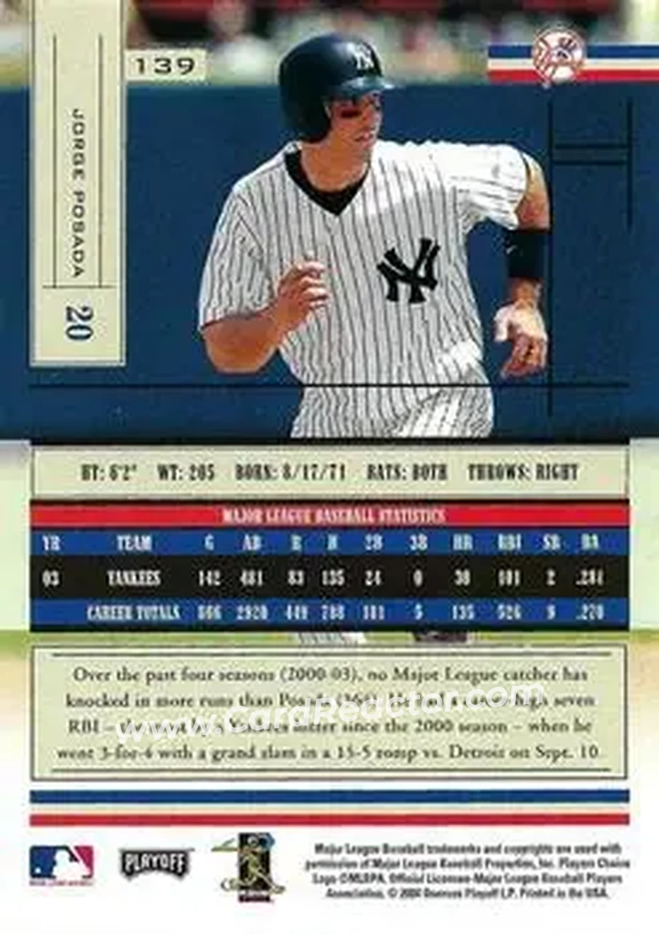 2004 Playoff Absolute Memorabilia - Retail #139 - Jorge Posada - New York Yankees - Back