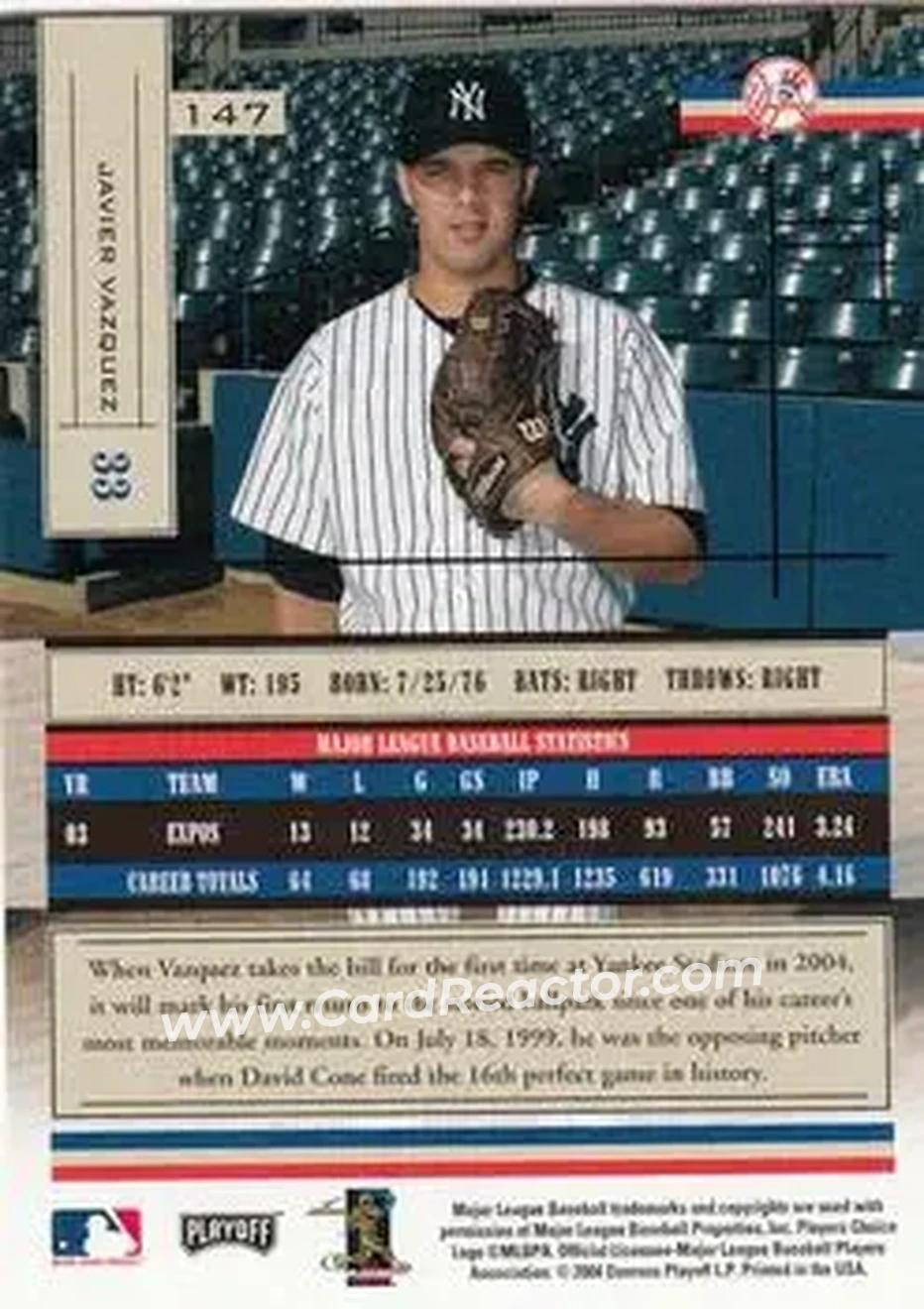 2004 Playoff Absolute Memorabilia - Retail #147 - Javier Vazquez - New York Yankees - Back