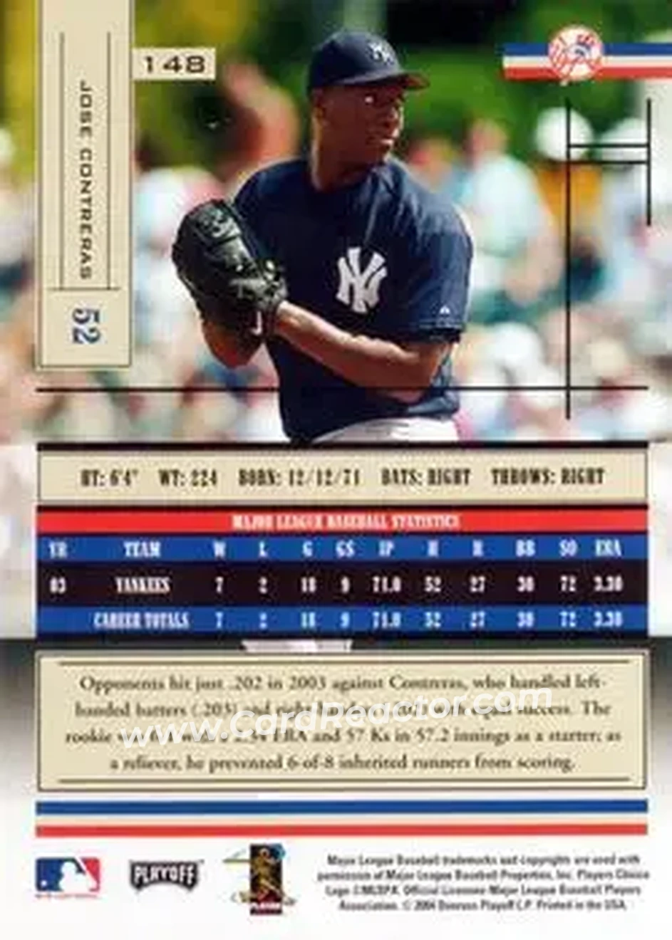 2004 Playoff Absolute Memorabilia - Retail #148 - Jose Contreras - New York Yankees - Back