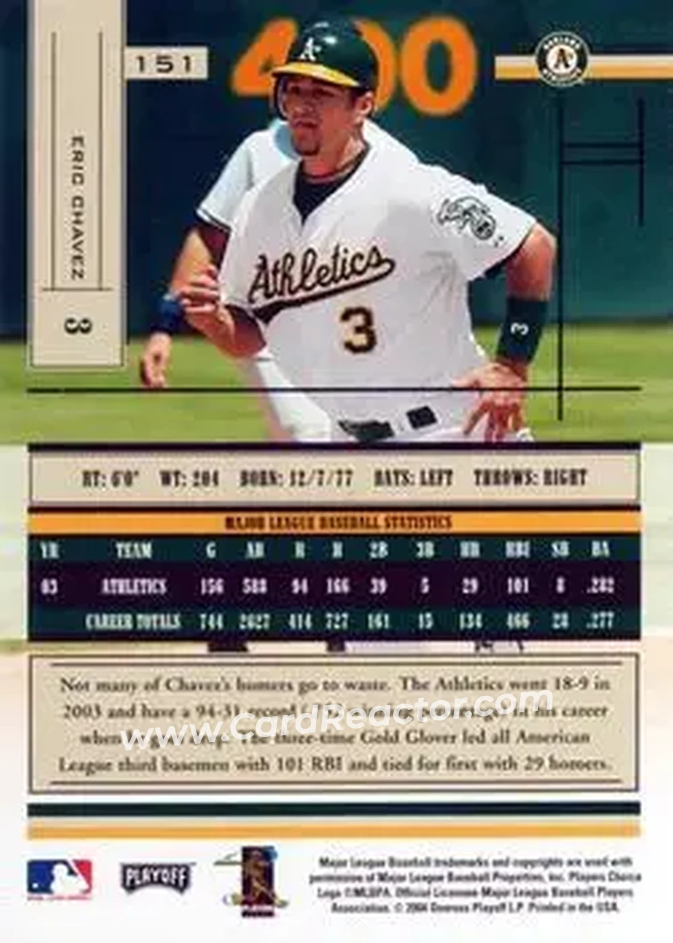 2004 Playoff Absolute Memorabilia - Retail #151 - Eric Chavez - Oakland Athletics - Back