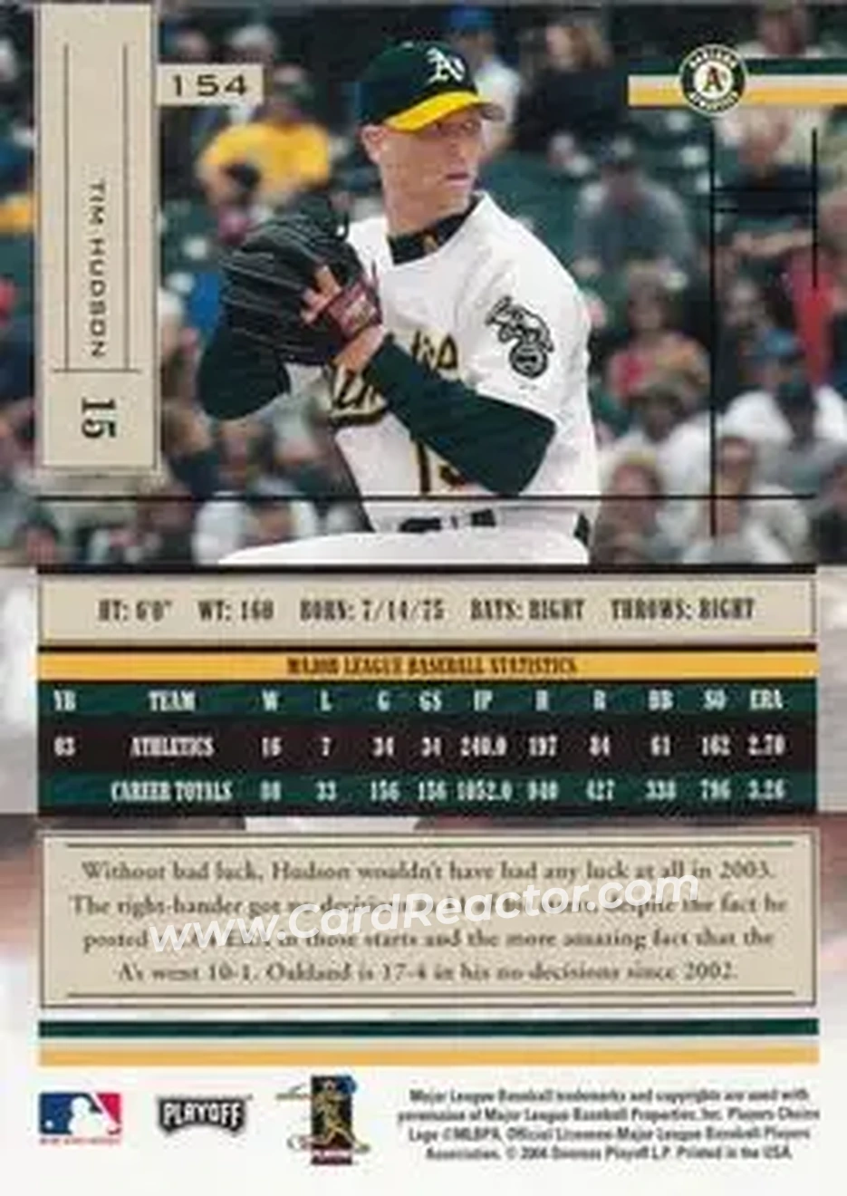 2004 Playoff Absolute Memorabilia - Retail #154 - Tim Hudson - Oakland Athletics - Back