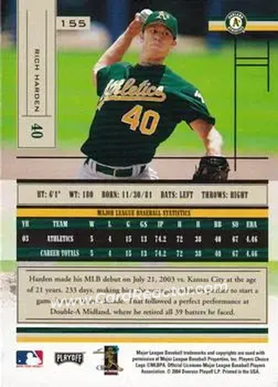 2004 Playoff Absolute Memorabilia - Retail #155 - Rich Harden - Oakland Athletics - Back