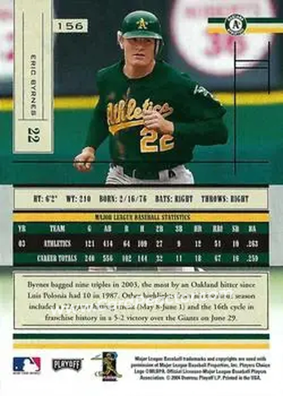 2004 Playoff Absolute Memorabilia - Retail #156 - Eric Byrnes - Oakland Athletics - Back