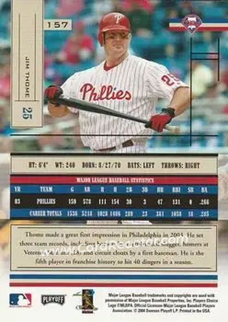 2004 Playoff Absolute Memorabilia - Retail #157 - Jim Thome - Philadelphia Phillies - Back