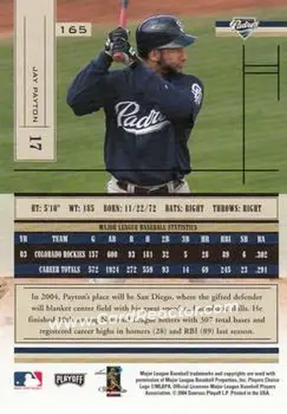 2004 Playoff Absolute Memorabilia - Retail #165 - Jay Payton - San Diego Padres - Back
