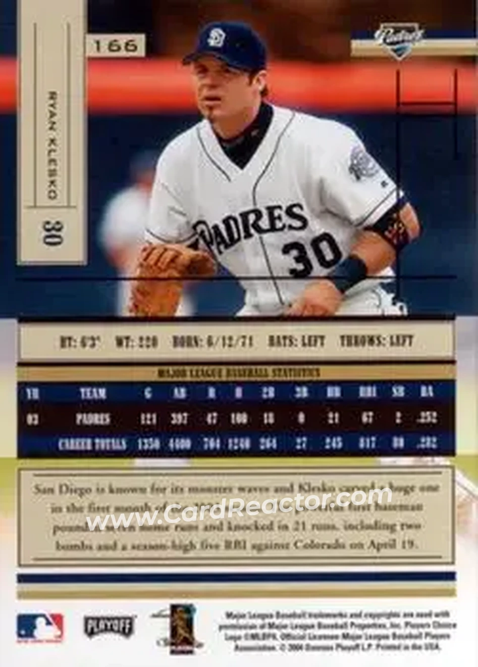 2004 Playoff Absolute Memorabilia - Retail #166 - Ryan Klesko - San Diego Padres - Back 2004 Playoff Absolute Memorabilia - Retail #166 - Ryan Klesko - San Diego Padres - Back