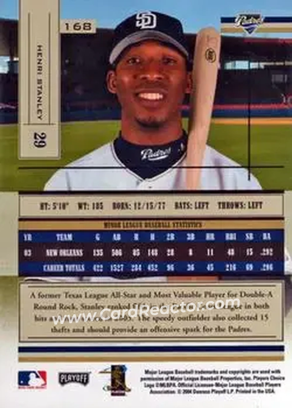 2004 Playoff Absolute Memorabilia - Retail #168 - Henri Stanley - San Diego Padres - Back