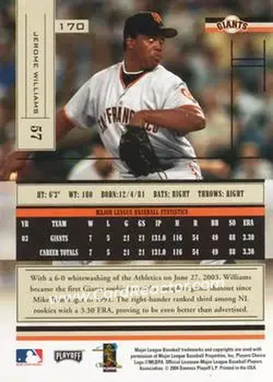 2004 Playoff Absolute Memorabilia - Retail #170 - Jerome Williams - San Francisco Giants - Back