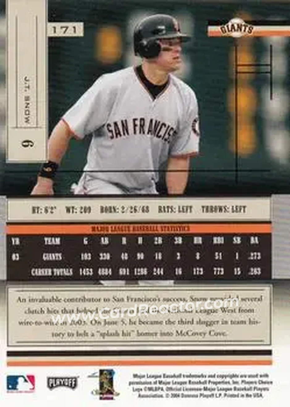 2004 Playoff Absolute Memorabilia - Retail #171 - J.T. Snow - San Francisco Giants - Back