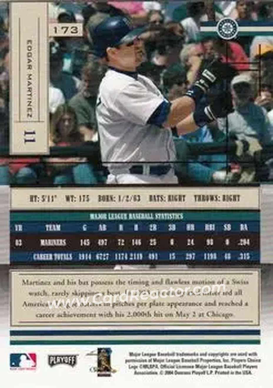 2004 Playoff Absolute Memorabilia - Retail #173 - Edgar Martinez - Seattle Mariners - Back