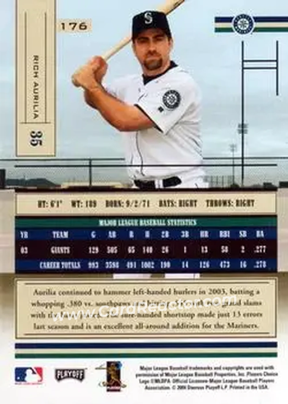 2004 Playoff Absolute Memorabilia - Retail #176 - Rich Aurilia - Seattle Mariners - Back 2004 Playoff Absolute Memorabilia - Retail #176 - Rich Aurilia - Seattle Mariners - Back