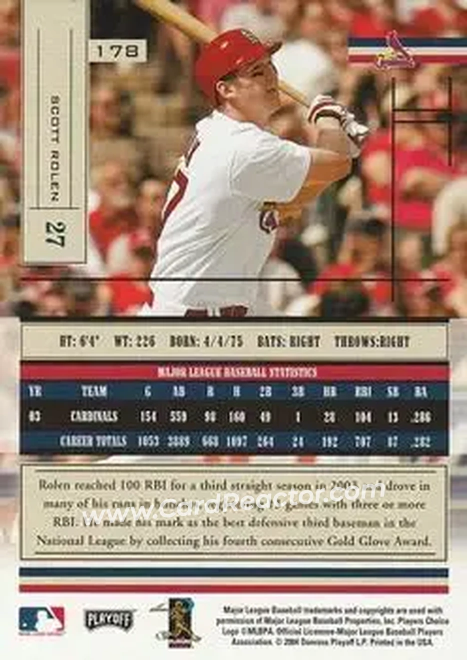 2004 Playoff Absolute Memorabilia - Retail #178 - Scott Rolen - St. Louis Cardinals - Back