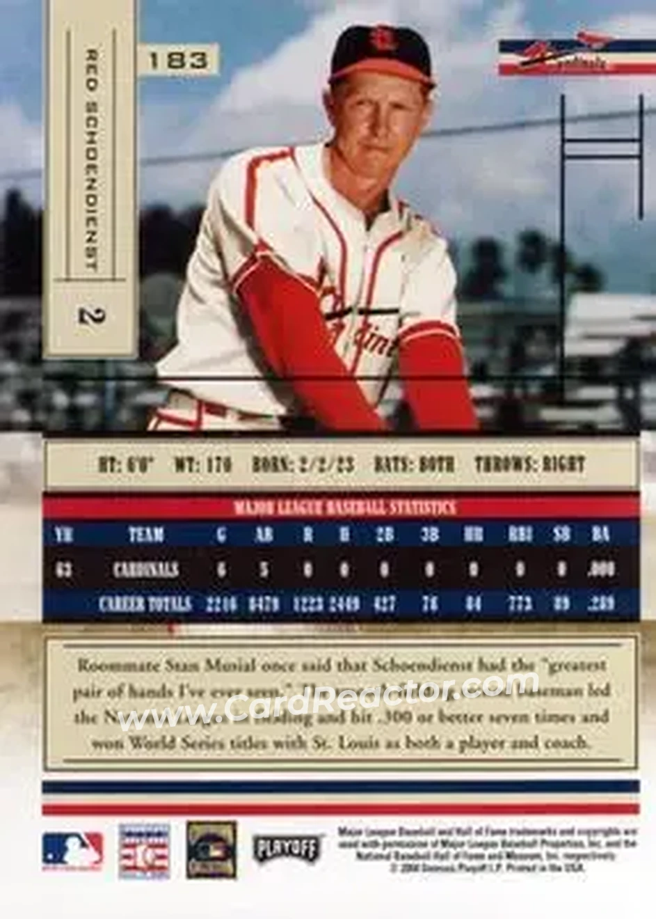 2004 Playoff Absolute Memorabilia - Retail #183 - Al Schoendienst - St. Louis Cardinals - Back