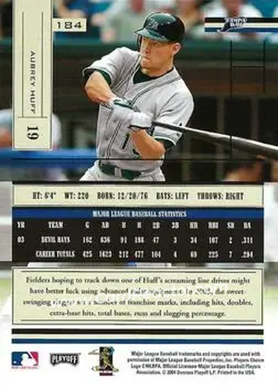 2004 Playoff Absolute Memorabilia - Retail #184 - Aubrey Huff - Tampa Bay Devil Rays - Back