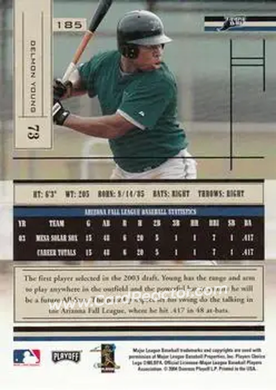 2004 Playoff Absolute Memorabilia - Retail #185 - Delmon Young - Tampa Bay Devil Rays - Back