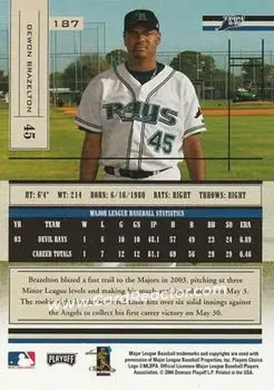 2004 Playoff Absolute Memorabilia - Retail #187 - Dewon Brazelton - Tampa Bay Devil Rays - Back