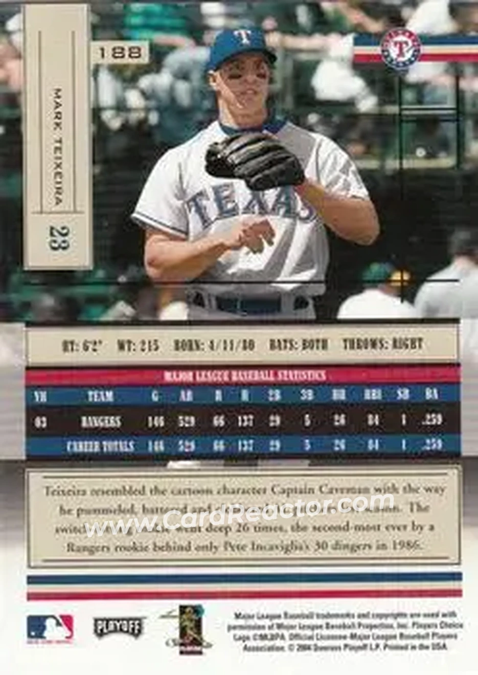 2004 Playoff Absolute Memorabilia - Retail #188 - Mark Teixeira - Texas Rangers - Back