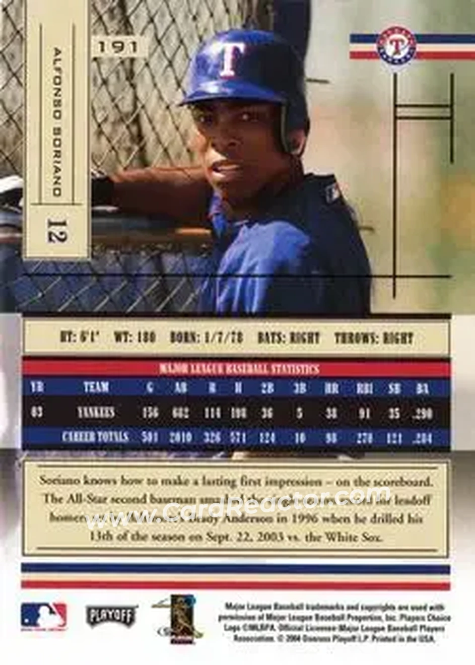 2004 Playoff Absolute Memorabilia - Retail #191 - Alfonso Soriano - Texas Rangers - Back