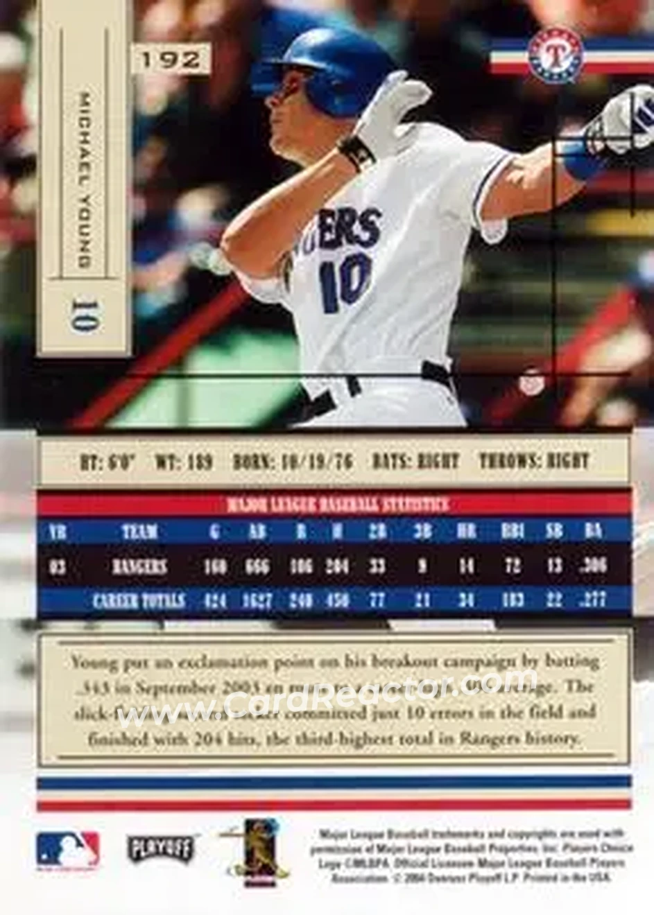 2004 Playoff Absolute Memorabilia - Retail #192 - Michael Young - Texas Rangers - Back