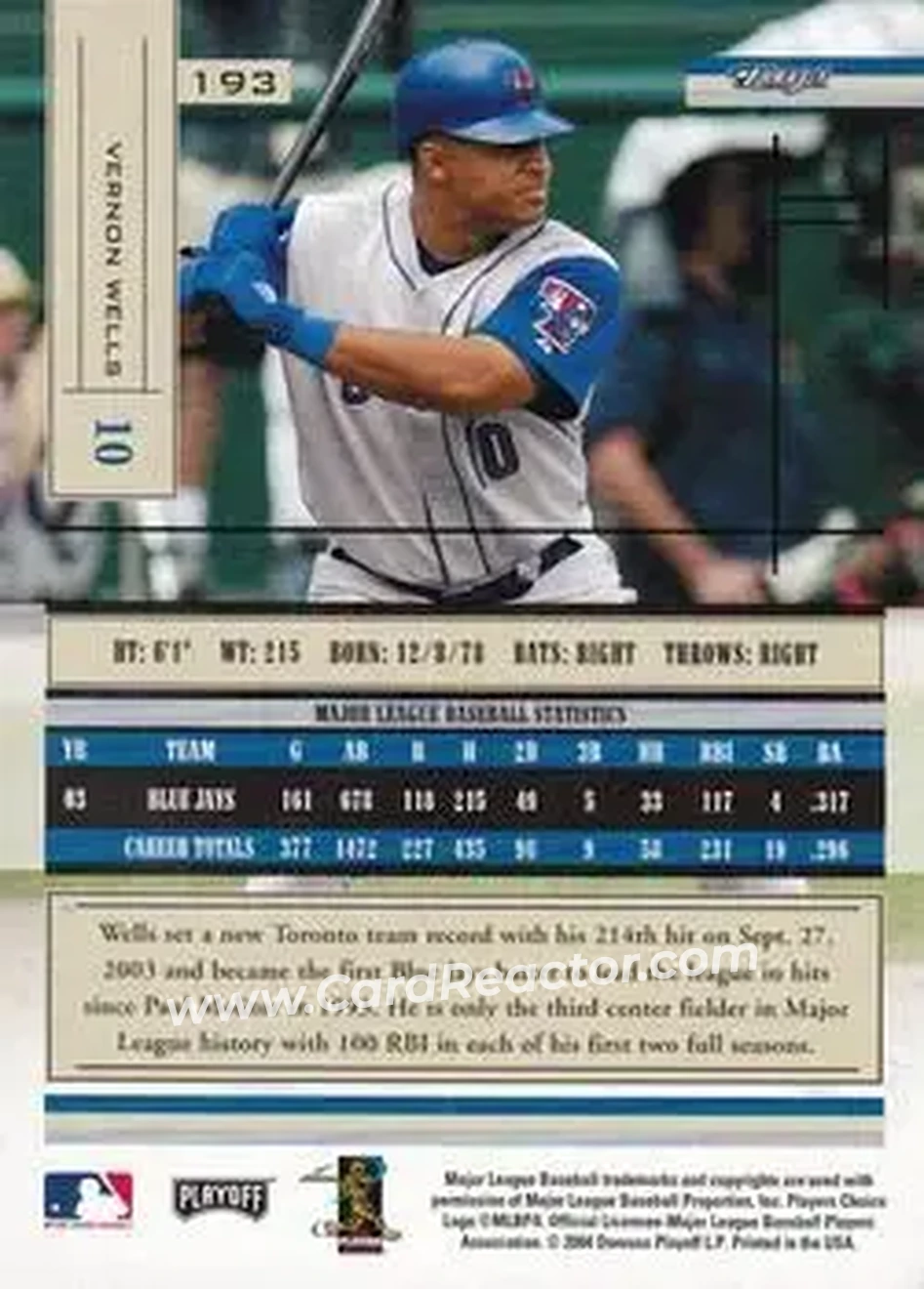 2004 Playoff Absolute Memorabilia - Retail #193 - Vernon Wells - Toronto Blue Jays - Back
