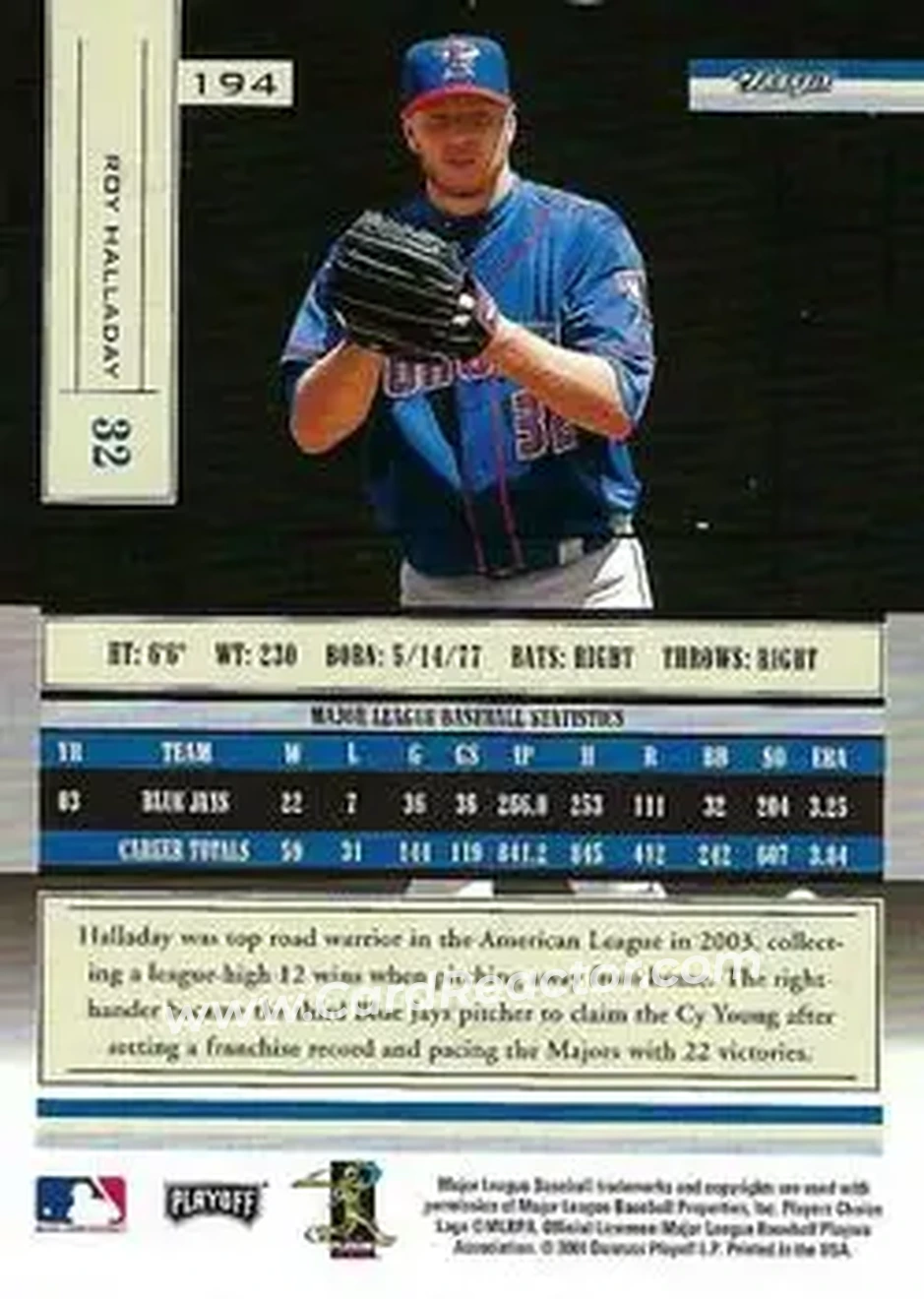 2004 Playoff Absolute Memorabilia - Retail #194 - Roy Halladay - Toronto Blue Jays - Back