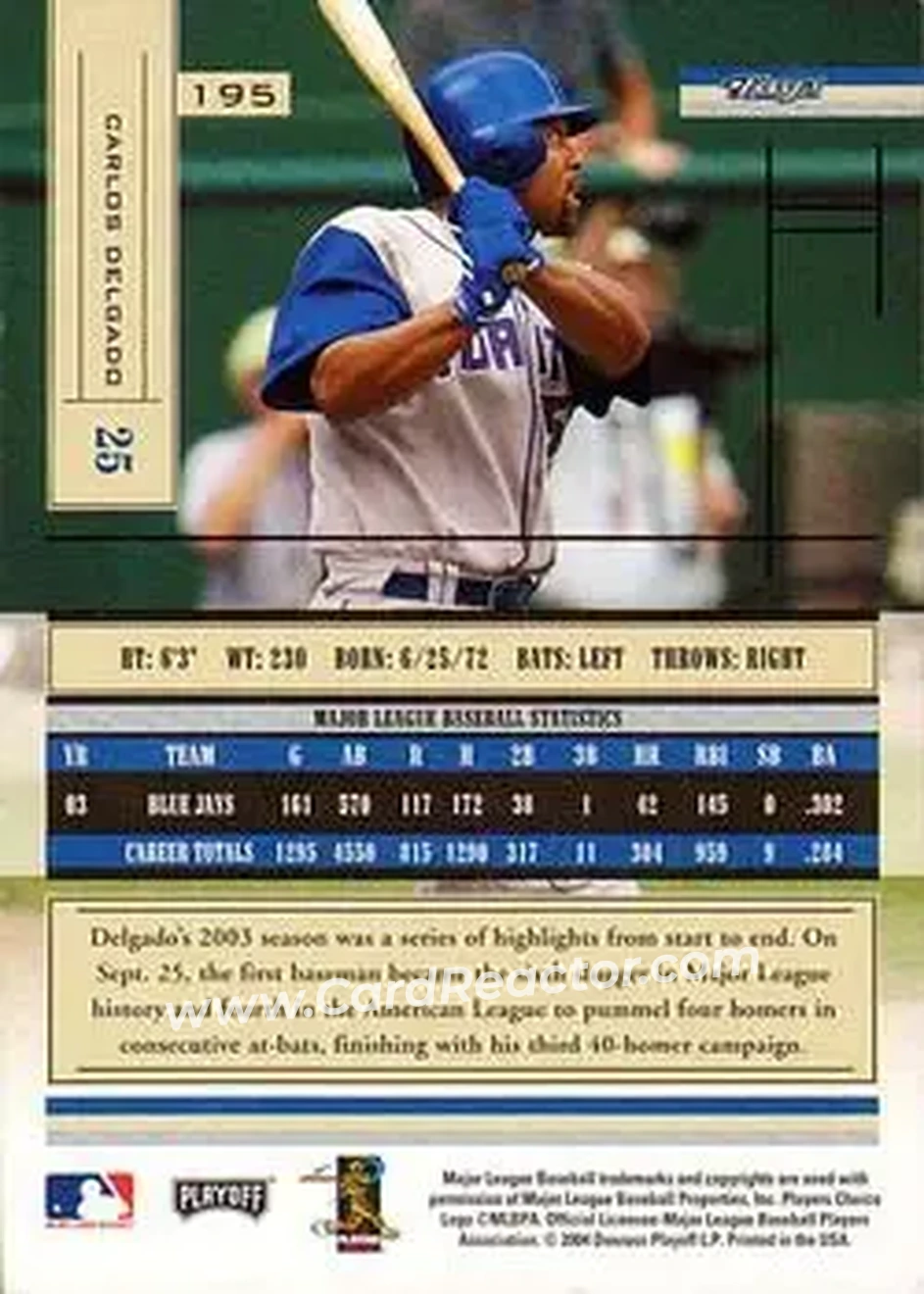2004 Playoff Absolute Memorabilia - Retail #195 - Carlos Delgado - Toronto Blue Jays - Back
