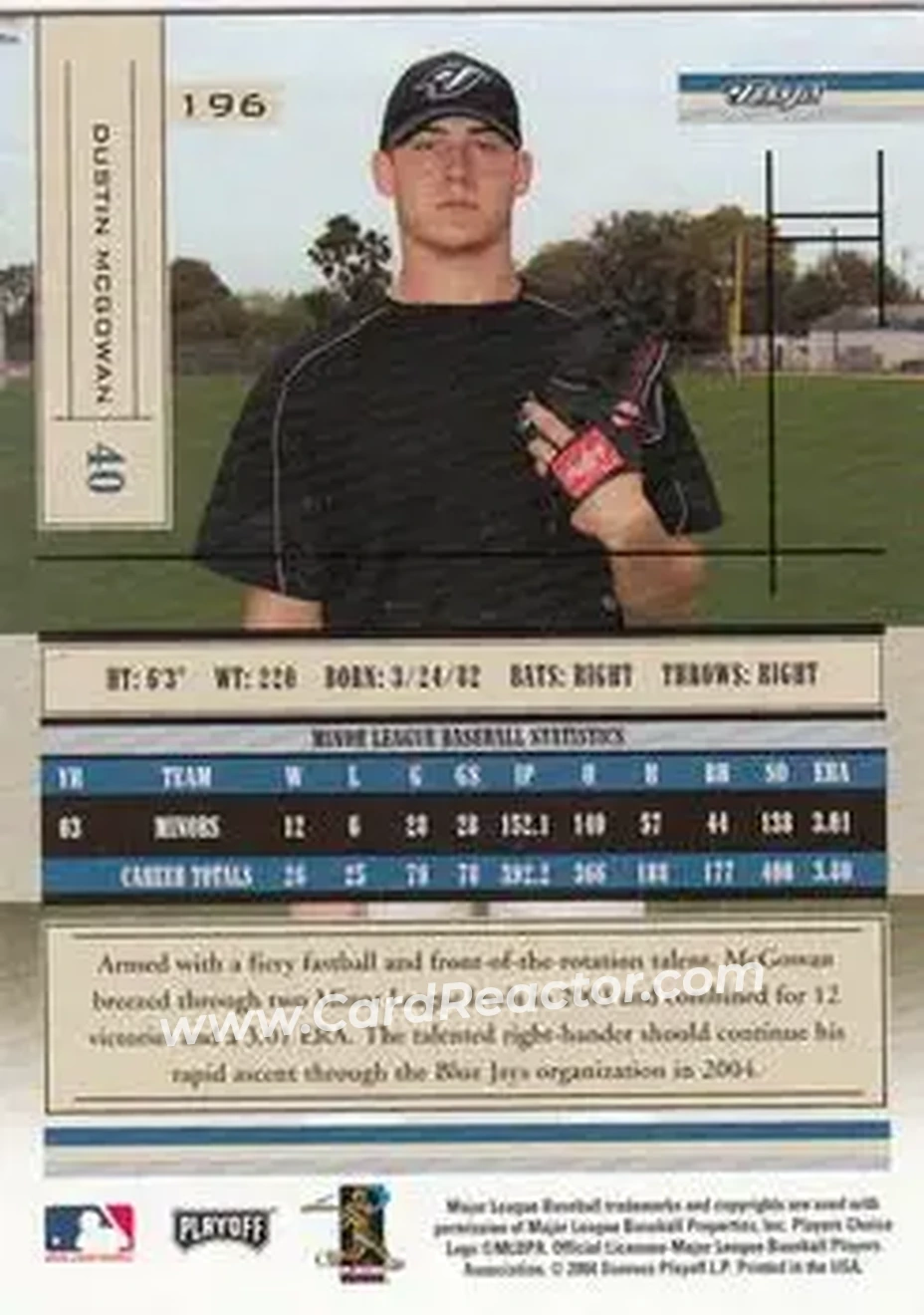 2004 Playoff Absolute Memorabilia - Retail #196 - Dustin McGowan - Toronto Blue Jays - Back 2004 Playoff Absolute Memorabilia - Retail #196 - Dustin McGowan - Toronto Blue Jays - Back