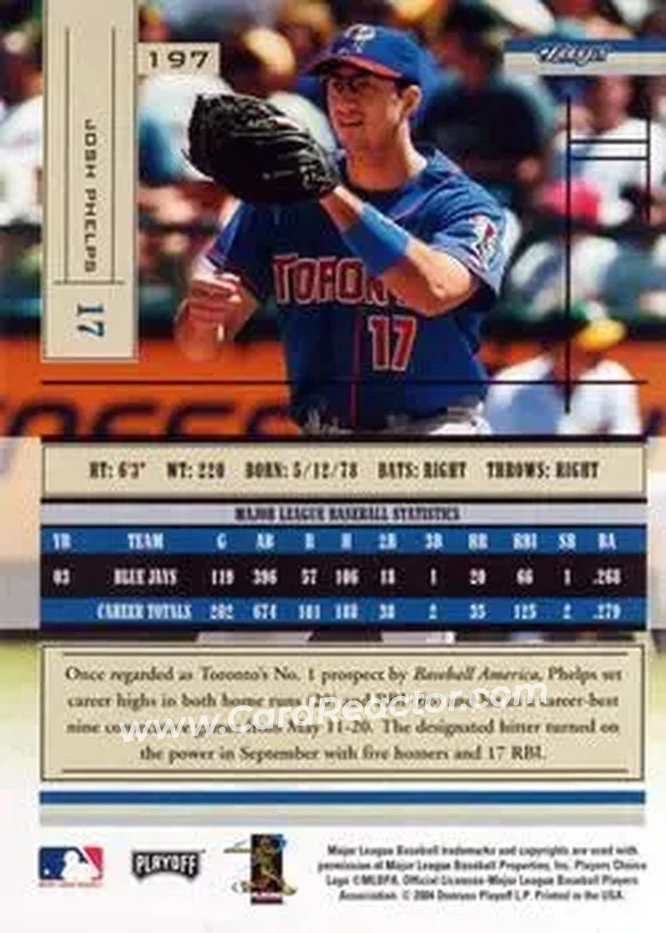 2004 Playoff Absolute Memorabilia - Retail #197 - Josh Phelps - Toronto Blue Jays - Back