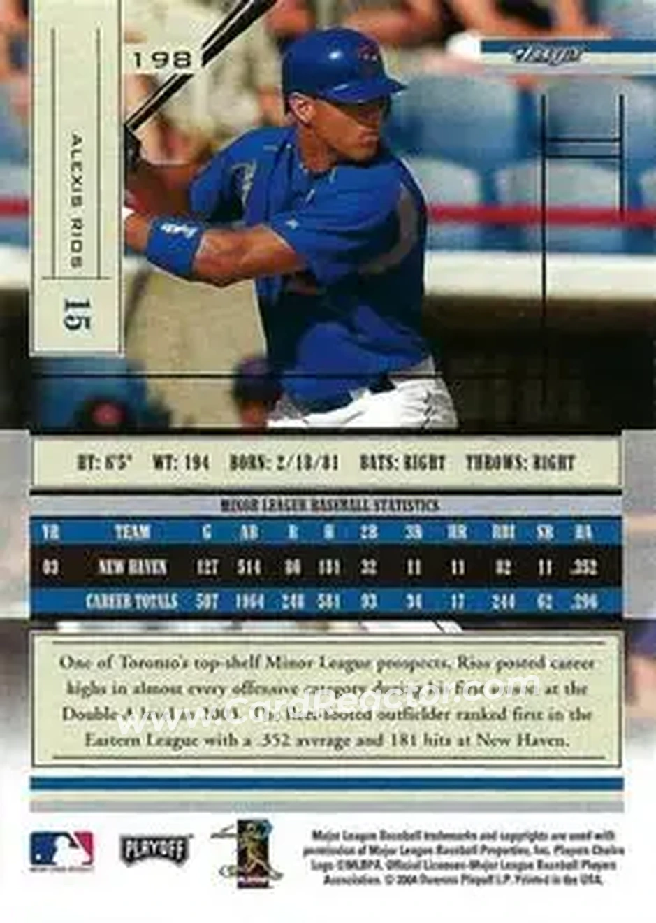 2004 Playoff Absolute Memorabilia - Retail #198 - Alex Rios - Toronto Blue Jays - Back