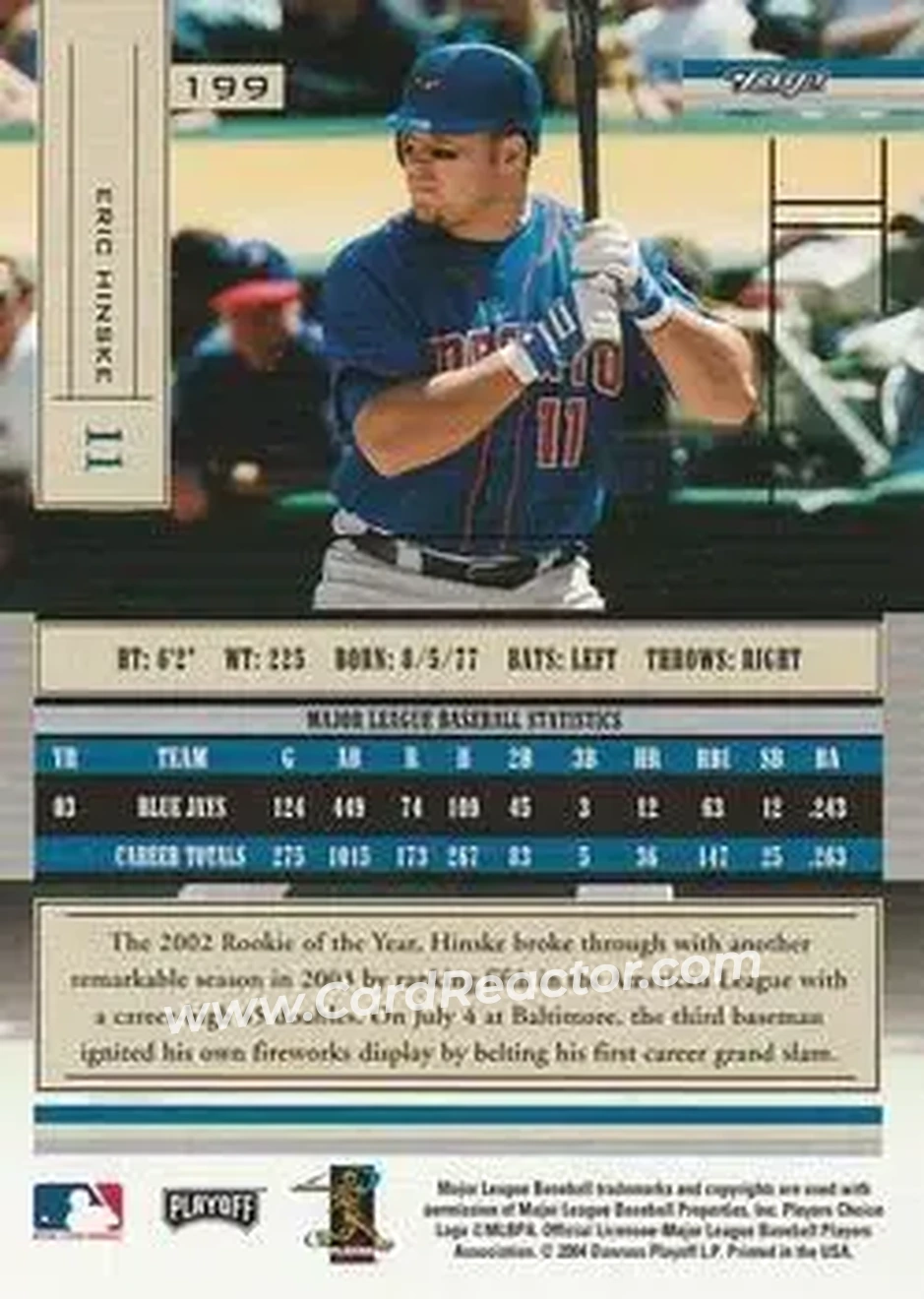 2004 Playoff Absolute Memorabilia - Retail #199 - Eric Hinske - Toronto Blue Jays - Back