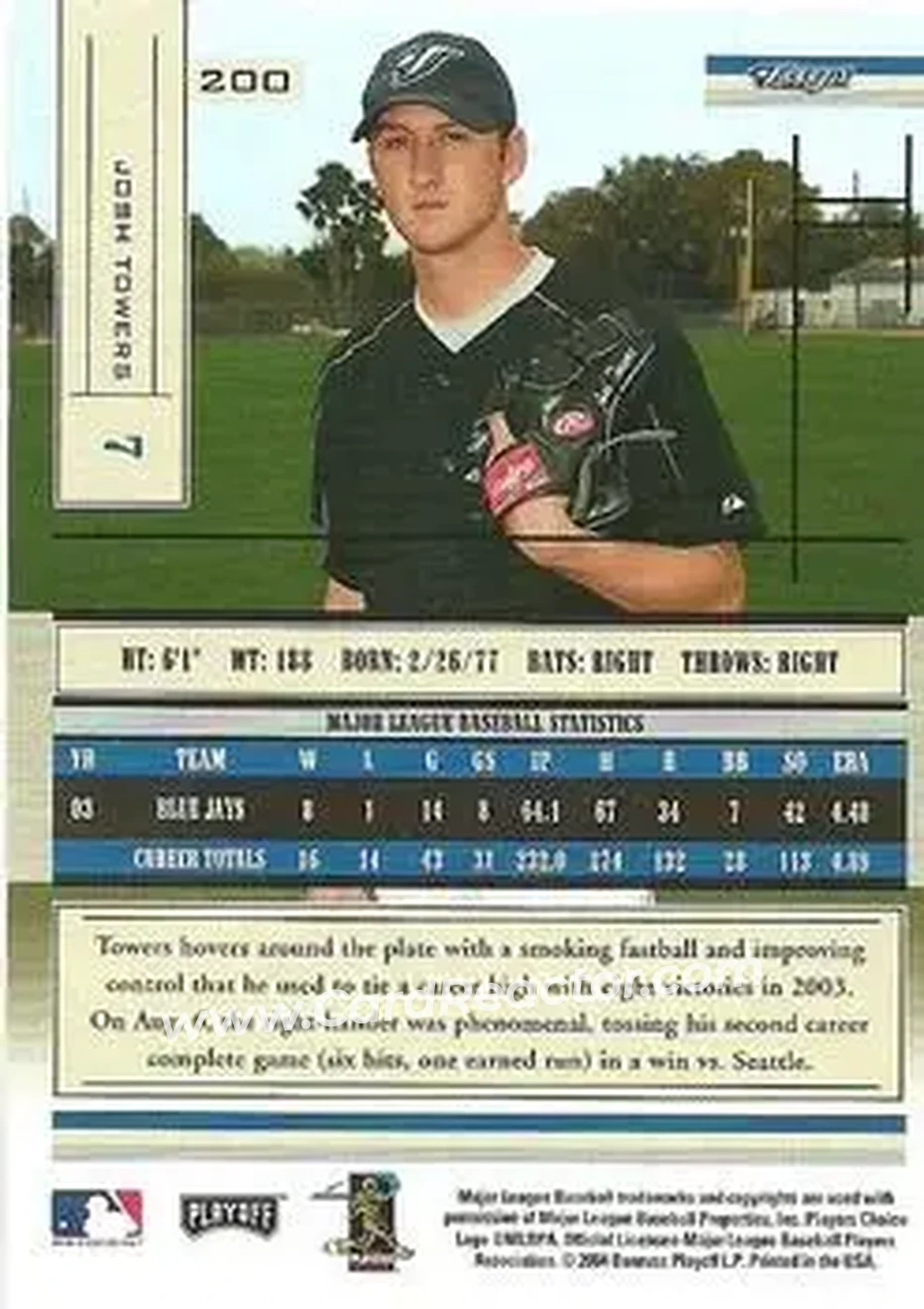 2004 Playoff Absolute Memorabilia - Retail #200 - Josh Towers - Toronto Blue Jays - Back