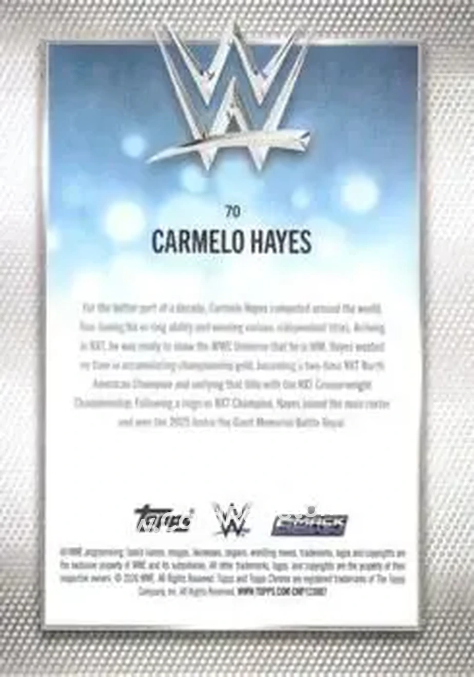 2026 Topps Chrome WWE - Teal Refractor #70 - Carmelo Hayes - Back 2026 Topps Chrome WWE - Teal Refractor #70 - Carmelo Hayes - Back