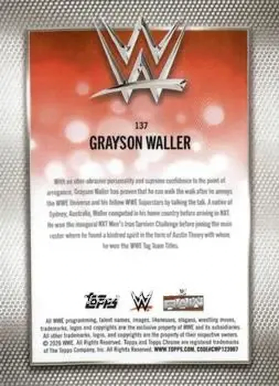 2026 Topps Chrome WWE - Teal Refractor #137 - Grayson Waller - Back 2026 Topps Chrome WWE - Teal Refractor #137 - Grayson Waller - Back