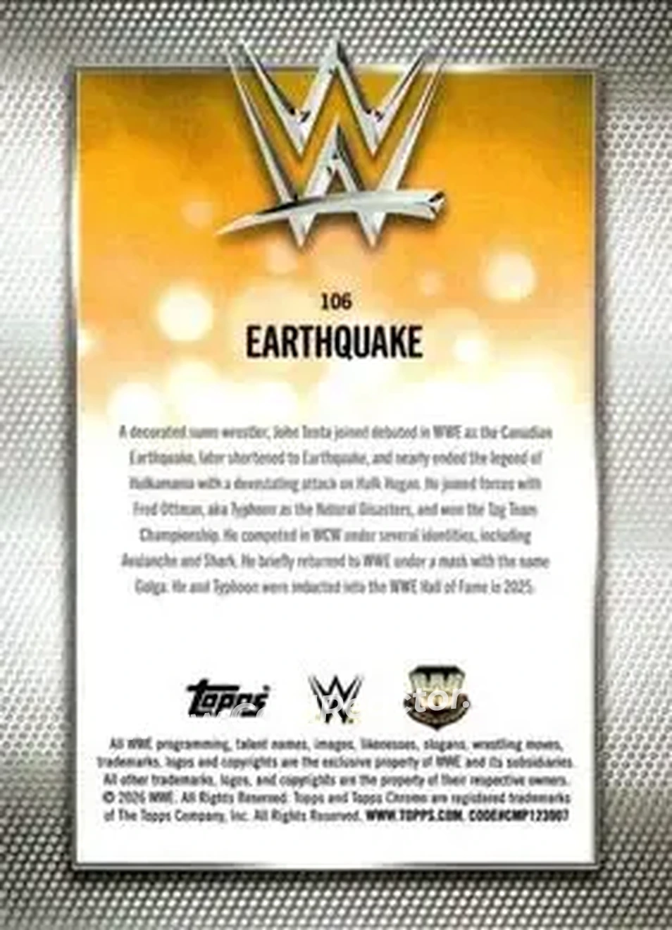 2026 Topps Chrome WWE - Yellow Refractor #106 - Earthquake - Back 2026 Topps Chrome WWE - Yellow Refractor #106 - Earthquake - Back