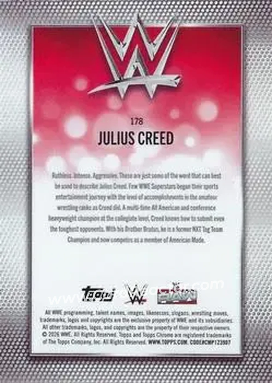 2026 Topps Chrome WWE - Pink Refractor #178 - Julius Creed - Back 2026 Topps Chrome WWE - Pink Refractor #178 - Julius Creed - Back