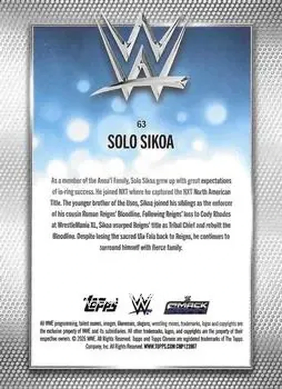 2026 Topps Chrome WWE - Aqua Refractor #63 - Solo Sikoa - Back