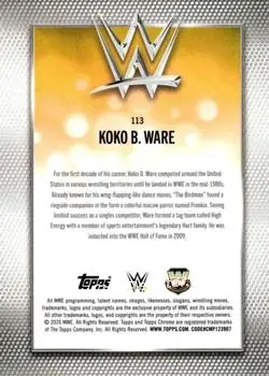 2026 Topps Chrome WWE - Aqua Refractor #113 - Koko B. Ware - Back 2026 Topps Chrome WWE - Aqua Refractor #113 - Koko B. Ware - Back